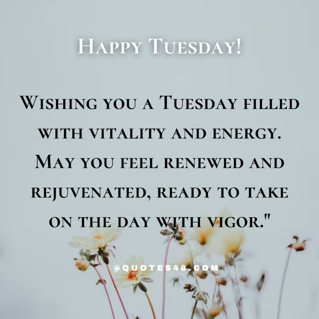 Wishing you a Tuesday filled with vitality and energy. May you feel renewed and rejuvenated, ready to take on the day with vigor."